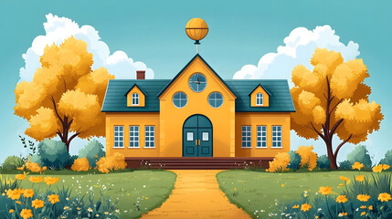 Animated vector illustration of school campus elements with Teacher Day and back to school theme.