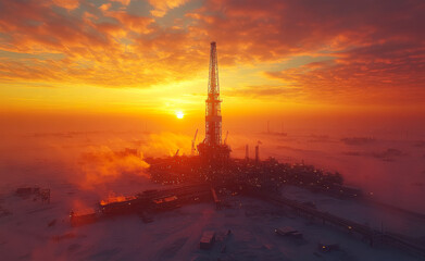 Golden sunrise over an oil rig in a frozen landscape. The sun rises majestically behind an oil rig, casting golden light across a snowy terrain, creating a breathtaking winter landscape.