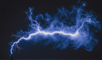 A single bolt of lightning streaks across the dark sky, leaving a trail of blue light in its wake