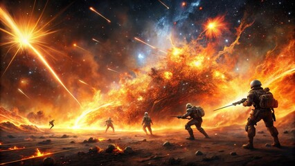 Fototapeta premium Fiery battle on a serious battlefield with sparks flying in the cosmic background, fiery, battle, serious, battlefield