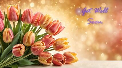 Get well soon card with a heartwarming bouquet of tulip, expressing wishes for a speedy recovery.
