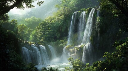 Serene Waterfall in a Lush Tropical Jungle