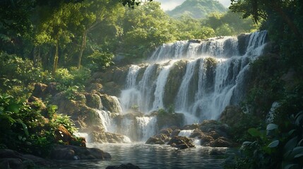 Majestic Waterfall Cascading Through Lush Jungle