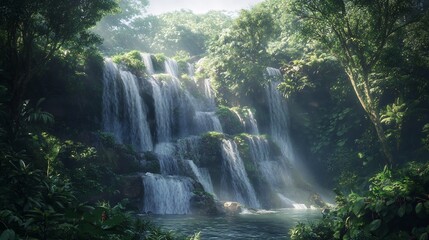 Sunlit Waterfall Cascading Through Lush Jungle