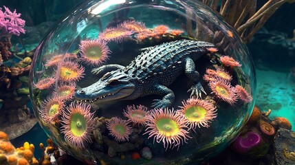 Crocodile in a Glass Sphere Surrounded by Coral