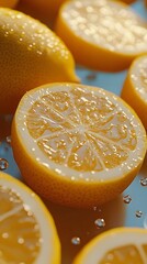 Sliced ​​Lemon Fruit with Water Drops, Realistic Photo, Abstract Image, Texture, Pattern Background, Wallpaper, Cover and Screen of Smartphone, Cell Phone, Computer, Laptop, 9:16 and 16:9 Format