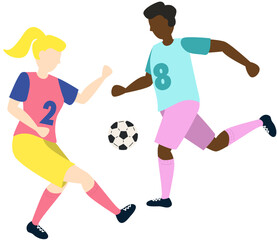 Soccer players kicking ball characters boy and girl, flat cartoon vector illustration isolated on white background. Soccer or football game players collection.