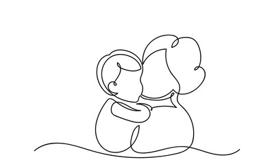 Continuous line Mother's Day abstract minimalistic modern line art. Single-line Mother caring baby, Mom hugging child, isolated on a white background. Motherhood and newborn concept. 
