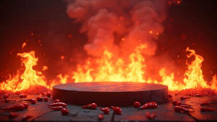 Spicy Product Showcase: Fiery Platform with Floating Chilies