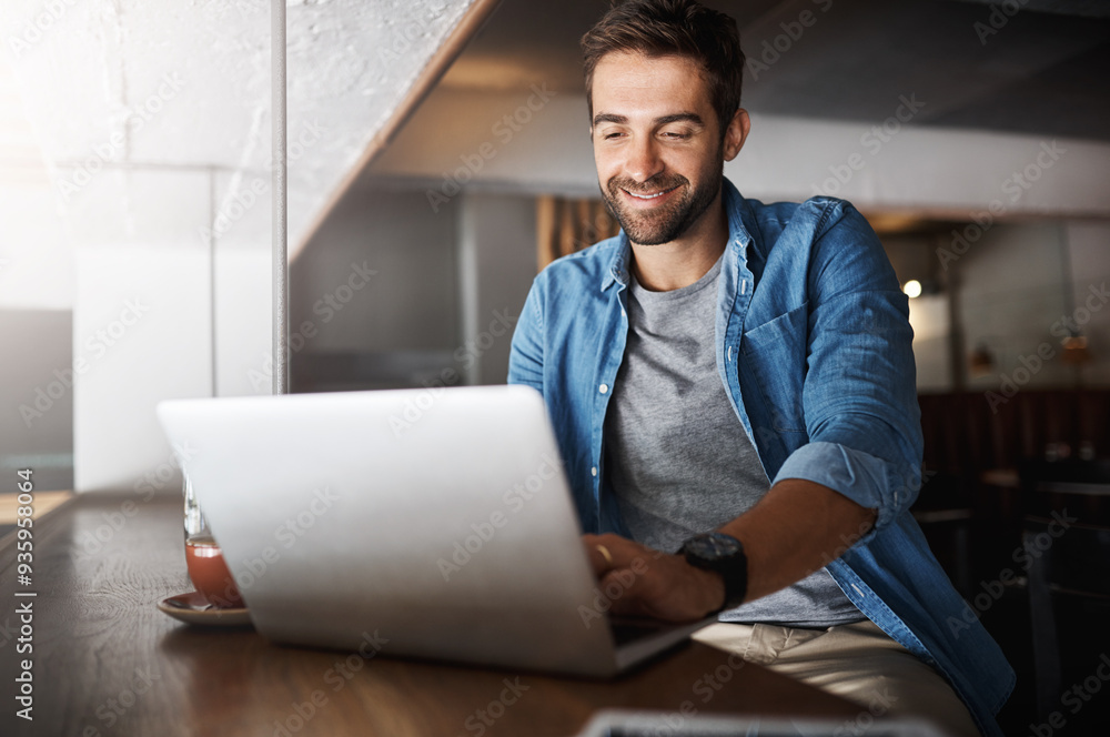 Poster laptop, remote work and smile with man in cafe for networking or planning online. computer, informat
