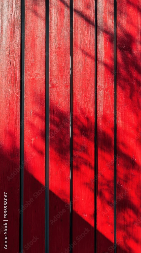 Poster red wall with vertical slats and sunlight shadow creating an artistic pattern in a close-up view sho