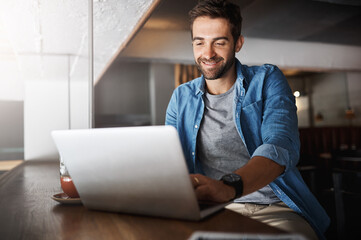 Laptop, remote work and smile with man in cafe for networking or planning online. Computer,...