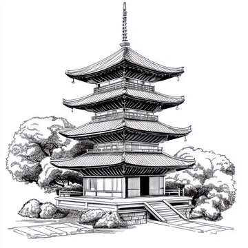 recommend clip art: Black and white Vintage engraved art of a Japanese pagoda house, isolated on white background, ink sketch illustration, simple vector art design, highly detailed line art, high contrasty