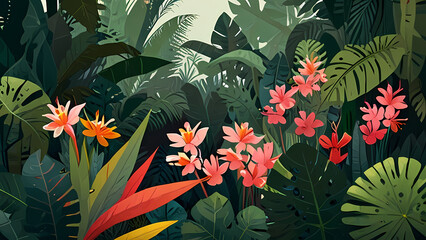 flat vector background featuring a lush botanical garden, filled with various tropical plants, large green leaves, and blooming flowers