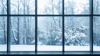 Large windows overlook the dense snow forest and thousands of trees during the day.