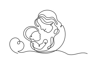 Continuous line Mother's Day abstract minimalistic modern line art. Single-line Mother caring baby, Mom hugging child, isolated on a white background. Motherhood and newborn concept. 
