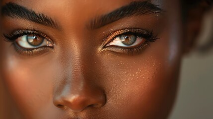 Fototapeta premium A close-up shot of a female model's flawless skin and detailed eye makeup, under professional lighting. Shot with Canon lens
