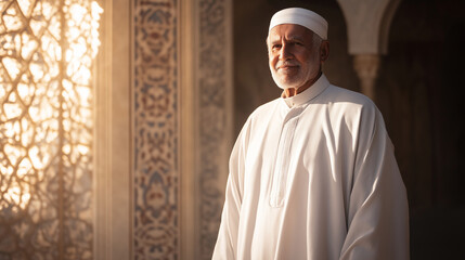 Elderly man in mosque with sunlight scattering from window in background.