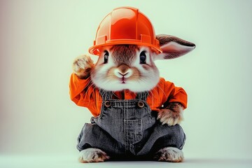 A playful construction bunny in a hard hat and overalls poses cheerfully, showcasing its readiness for work on a sunny day