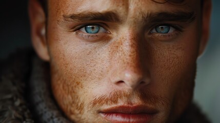 Obraz premium A close-up shot of a male model's defined jawline and natural skin texture as he looks into the camera. Shot with Canon lens