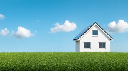 A serene house set against a clear blue sky and lush green field, symbolizing peace, sustainability, and modern living.