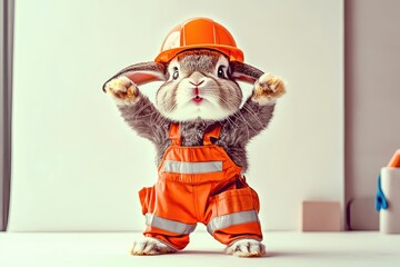 A playful bunny dressed as a construction worker wearing an orange hard hat and overalls, joyfully posing in a bright and cheerful indoor setting