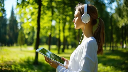 The individual is standing in a serene park, absorbed in their tablet while listening to music through headphones