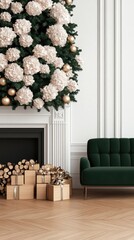 A beautifully decorated living room features a white fireplace with wooden firewood, a green and beige New Year tree, and cozy gifts thoughtfully arranged nearby