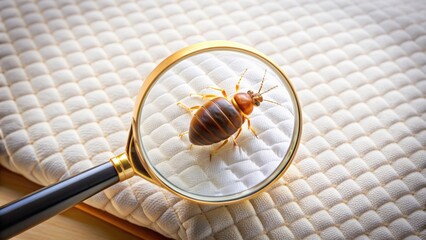 Bed bug under magnifying glass on mattress, bed bug, magnifying glass, mattress, infestation, pest control, household