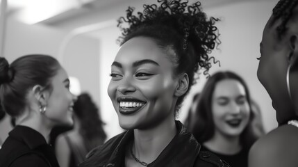 Obraz premium Behind-the-scenes capture of models laughing and interacting with each other before the show starts. Shot with Fuji lens