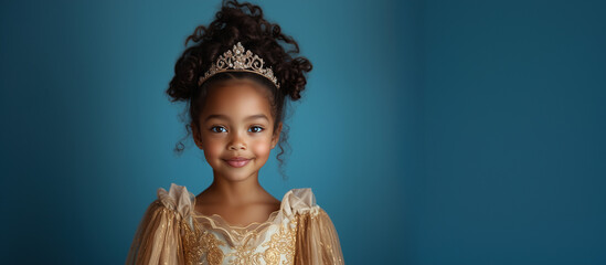 Happy afroamerican girl dressed up as princess with tiara and fancy dress with plain light blue background and copy space on the right