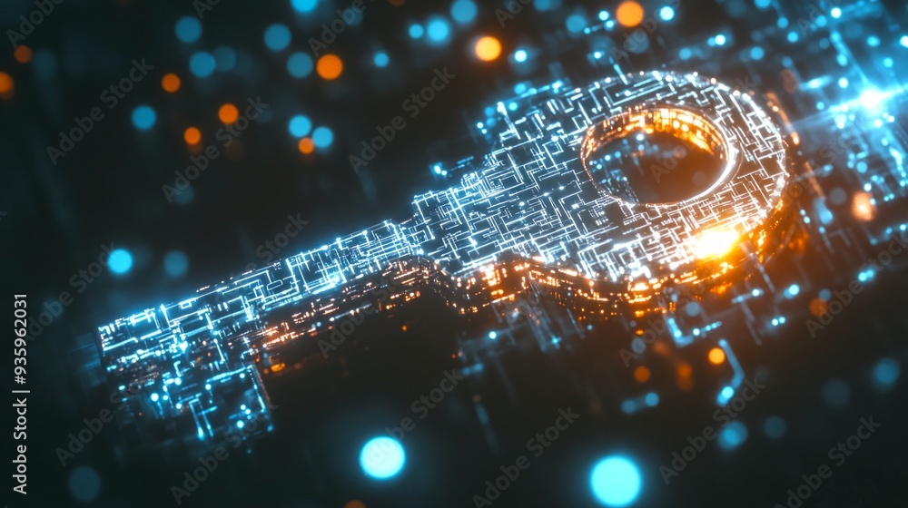 Poster a glowing key made of digital particles. it symbolizes security and technology in a modern style. pe