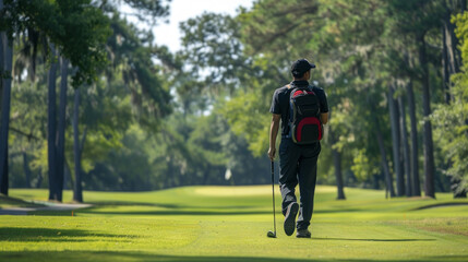 A golfer dressed in a black shirt carries a club while walking on a beautifully manicured fairway surrounded by tall trees on a sunny day