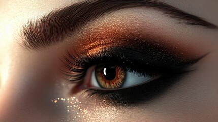 A stunning close-up reveals an eye adorned with bold makeup featuring warm brown and black hues, accentuated by dramatic eyeliner and shimmering highlights.