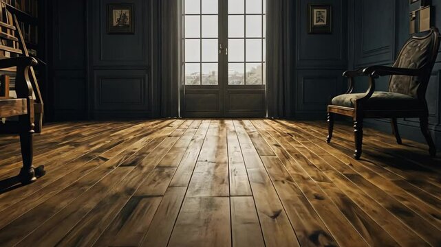 Video footage of empty room with a vintage aesthetic,wooden flooring is illuminated by natural light streaming through a large window with grid patterns