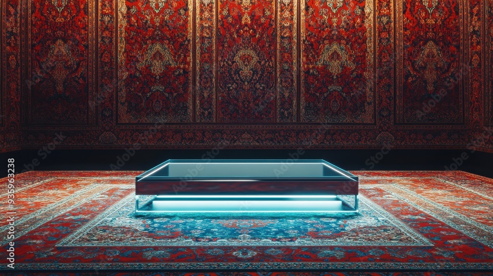 Poster luxurious persian carpet with intricate patterns in deep reds and modern illuminated feature in a ri