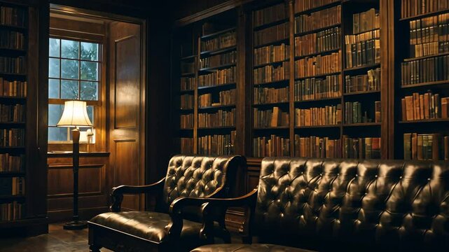 Video footage of  classic home library or study room,dark wood bookcase filled with numerous books, a leather tufted sofa, and a lit table lamp providing warm light