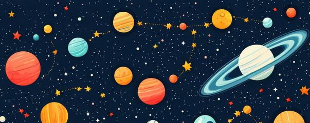 Astrology chart with aligned planets across zodiac signs, flat design illustration
