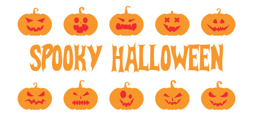 Scary pumpkin faces vector set. Spooky creepy faces icons. Vector illustration for Halloween. Halloween Spooky Scene with pumpkins white isolated background