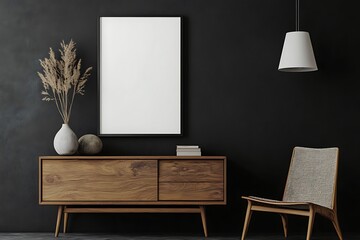 Mockup frame gallery room interior with drawer and decoration on black wall.