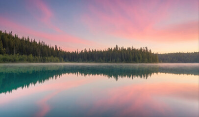 Fototapeta premium A calm lake reflects the pink and orange hues of the sunrise as mist rises from the water