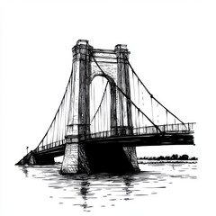 Fototapeta premium Black and white Vintage engraved art of a minimalist bridge silhouette, isolated on white background, ink sketch illustration, simple vector art design, highly detailed line art, high contrasty