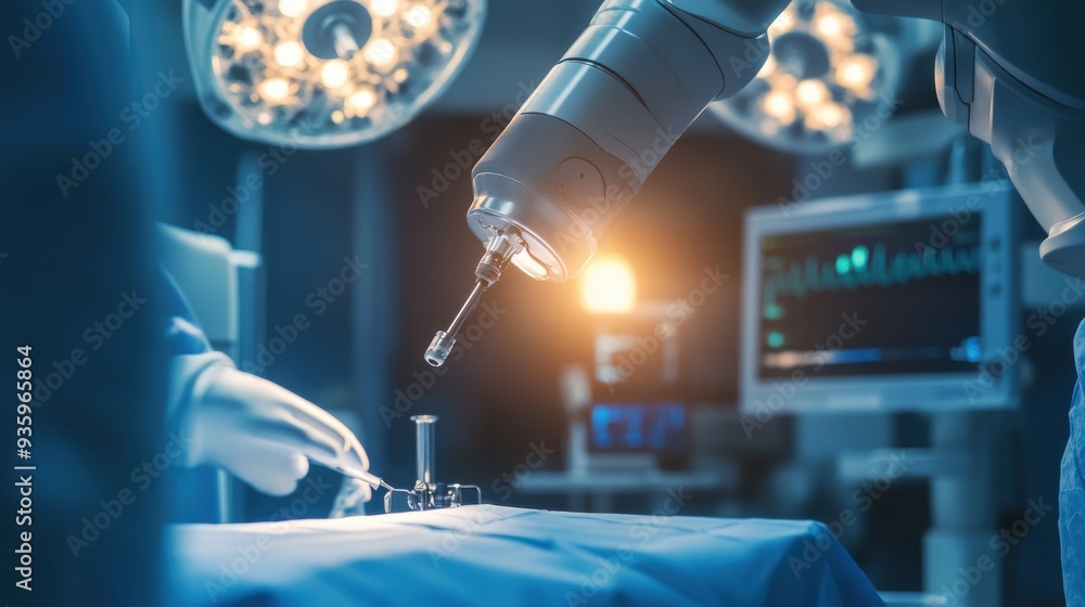 Poster robotic arm in a high-tech operating room handling surgical instruments with precision under bright 