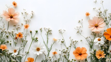 A delicate floral arrangement against a white background, soft pastel and vibrant orange flowers, cosmos, daisies, and wildflowers, ethereal composition, high-key lighting.
