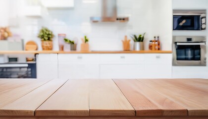 kitchen table background, wood counter top on blur of white clean abstract home interior with bokeh. used for display or montage your wooden for dining background. table banner