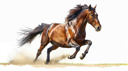 A horse is running against a pure white backdrop, showcasing intricate details and natural lighting.