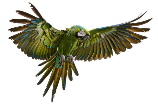 The majestic wingspan of an open-winged macaw parakeet flying against a pure white backdrop is captured.