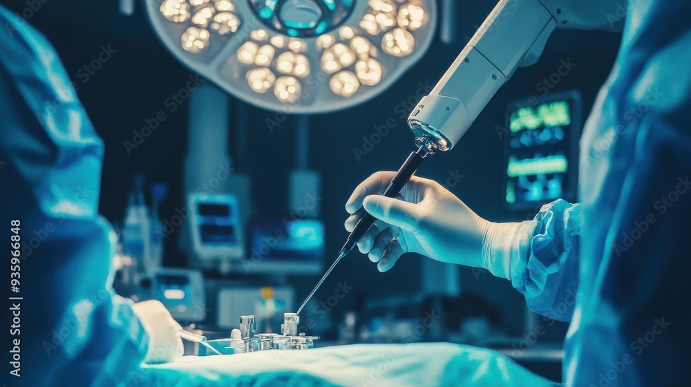 Poster robotic arm with scalpel conducting a high-tech surgery in an advanced operating room setting with m