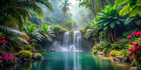 Tropical rainforest waterfall surrounded by palm trees, misty morning pond, and vibrant flowers in the jungle landscape