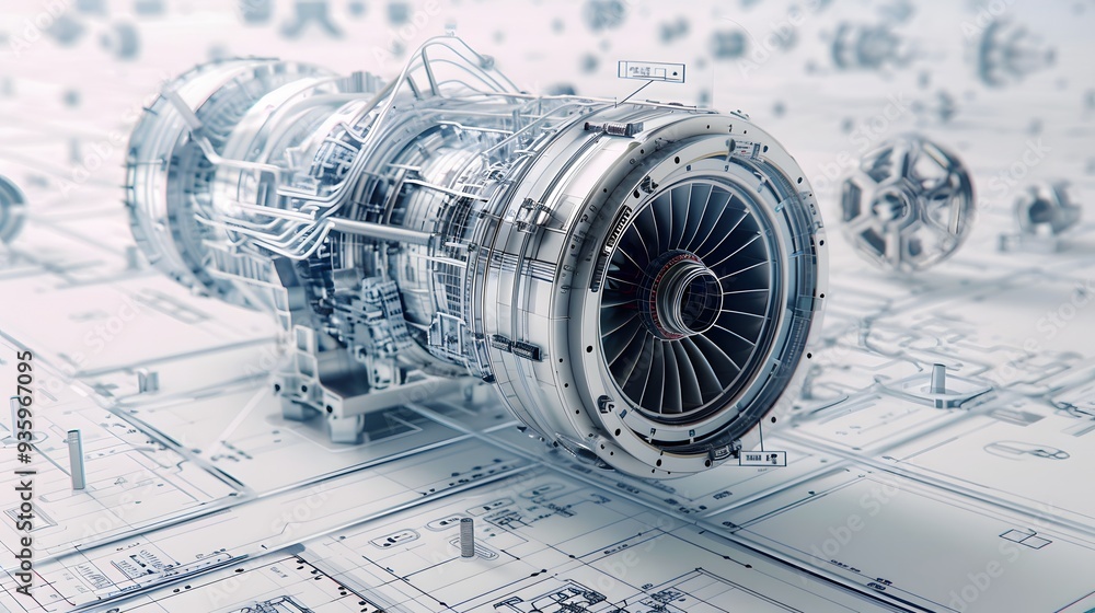 Poster a complex 3d render of a jet engine, with exploded views of the internal components, highlighting en